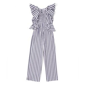 EUC. Size 7/8. Laura Ashley Girls Blue & White Striped Ruffle Smocked Jumpsuit